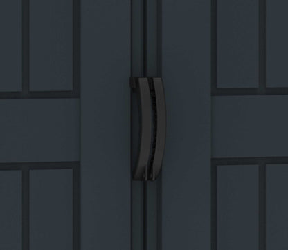 Close-up of Duramax vinyl shed door handle, featuring a sleek black design for secure access.