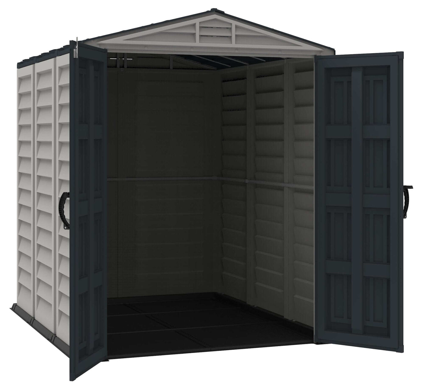 Open Duramax Vinyl Shed 5x8 YardMate Plus showcasing interior and floor, ideal for outdoor storage solutions.