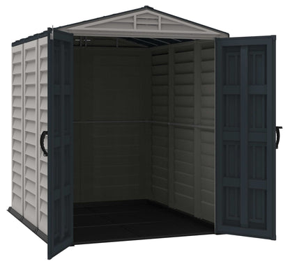 Open Duramax Vinyl Shed 5x8 YardMate Plus showcasing interior and floor, ideal for outdoor storage solutions.