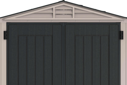 Duramax Vinyl Shed 5x8 YardMate Plus with stylish double doors and rooftop vent for ventilation.