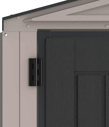 Close-up of Duramax Vinyl Shed door hinge showcasing durable construction and design.