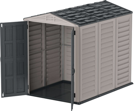 Duramax Vinyl Shed 5x8 YardMate Plus with floor, open doors showcasing interior storage space.