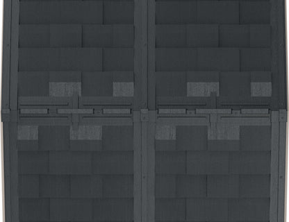 Top view of Duramax vinyl shed roofing with interlocking shingles in a dark color.