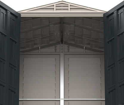 Interior view of Duramax Vinyl Shed 5x8 YardMate Plus showcasing spacious storage and sturdy construction.