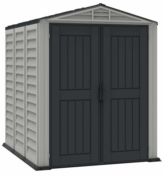 Duramax Vinyl Shed 5x8 YardMate Plus with double doors and stylish design for outdoor storage. 