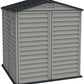 Duramax Vinyl Shed 6x6 StoreMate Plus with floor, gray exterior and slanted roof, ideal for outdoor storage.