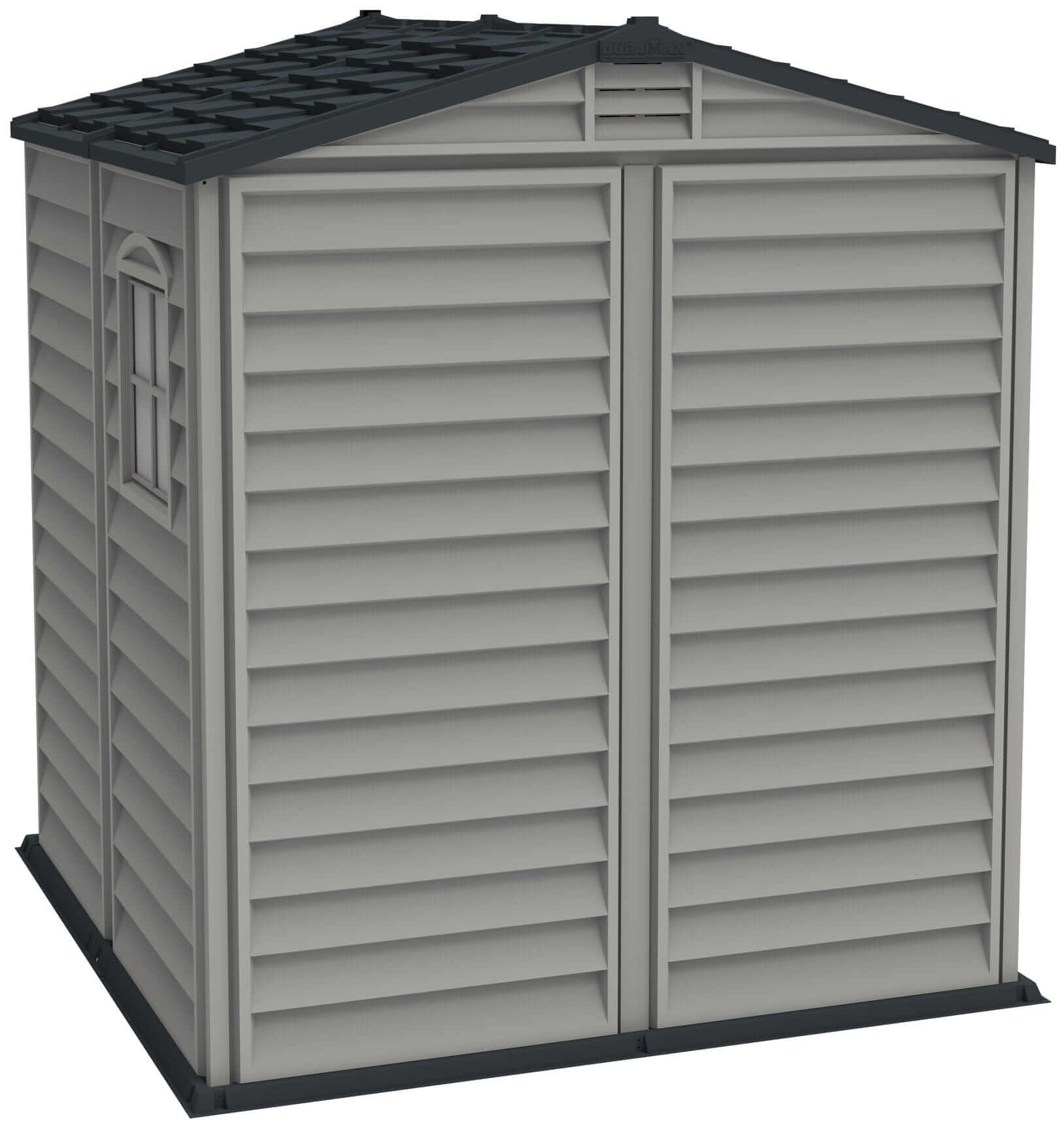 Duramax Vinyl Shed 6x6 StoreMate Plus with floor, gray exterior and slanted roof, ideal for outdoor storage.