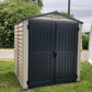 Duramax Vinyl Shed 6x6 StoreMate Plus with double doors in a grassy area.