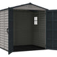 Duramax vinyl shed 6x6 StoreMate Plus with open doors, featuring interior space and window.