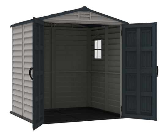 Duramax vinyl shed 6x6 StoreMate Plus with open doors, featuring interior space and window.