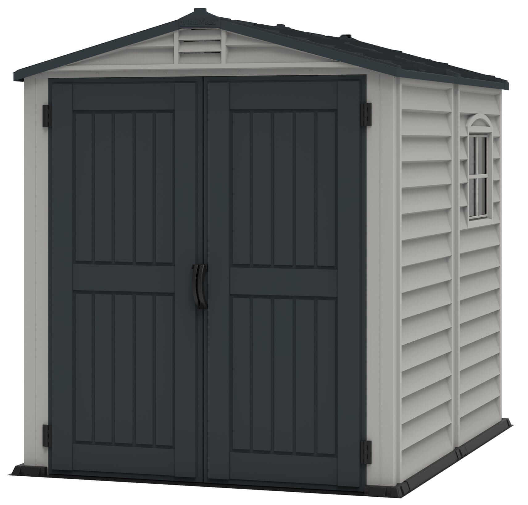 Duramax Vinyl Shed 6x6 StoreMate Plus with floor, featuring double doors and window, perfect for garden storage.