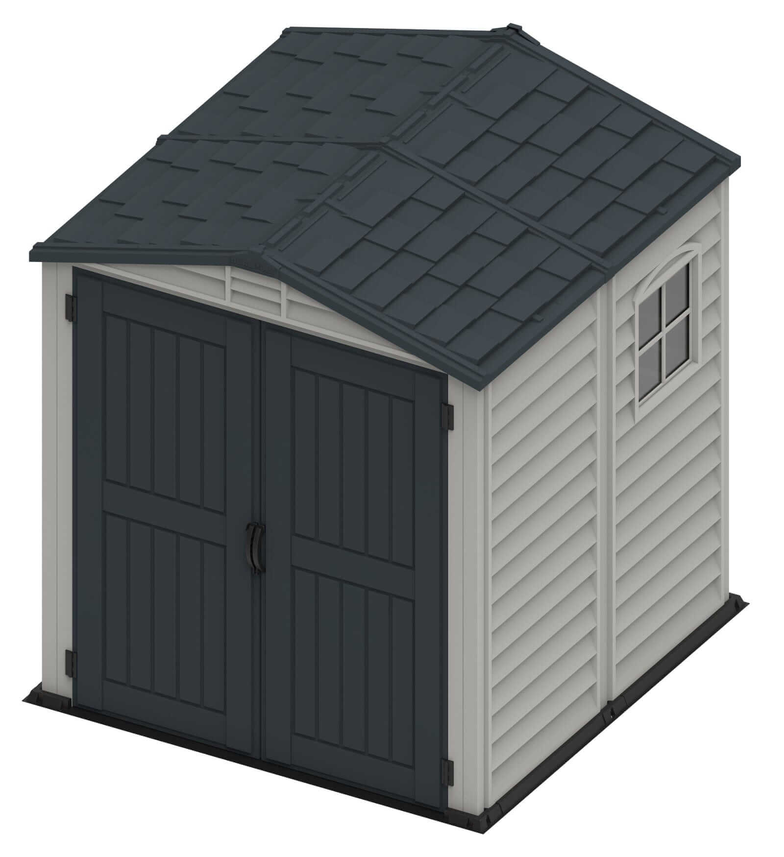 Duramax Vinyl Shed 6x6 StoreMate Plus with double doors and window, durable and stylish outdoor storage solution.