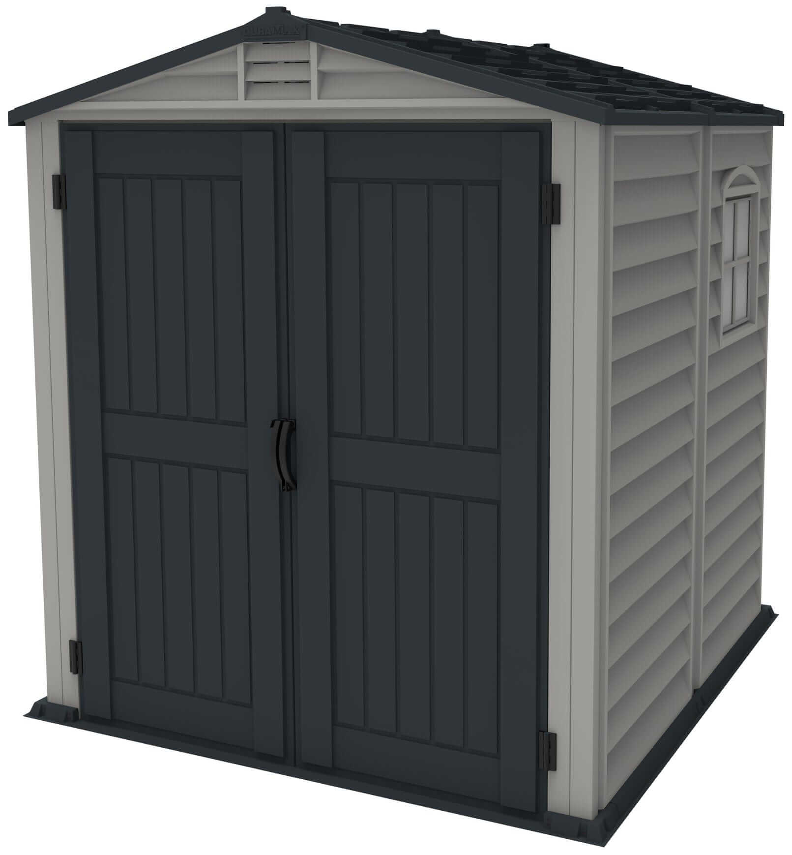 Duramax Vinyl Shed 6x6 StoreMate Plus with floor, featuring double doors and window for secure storage.