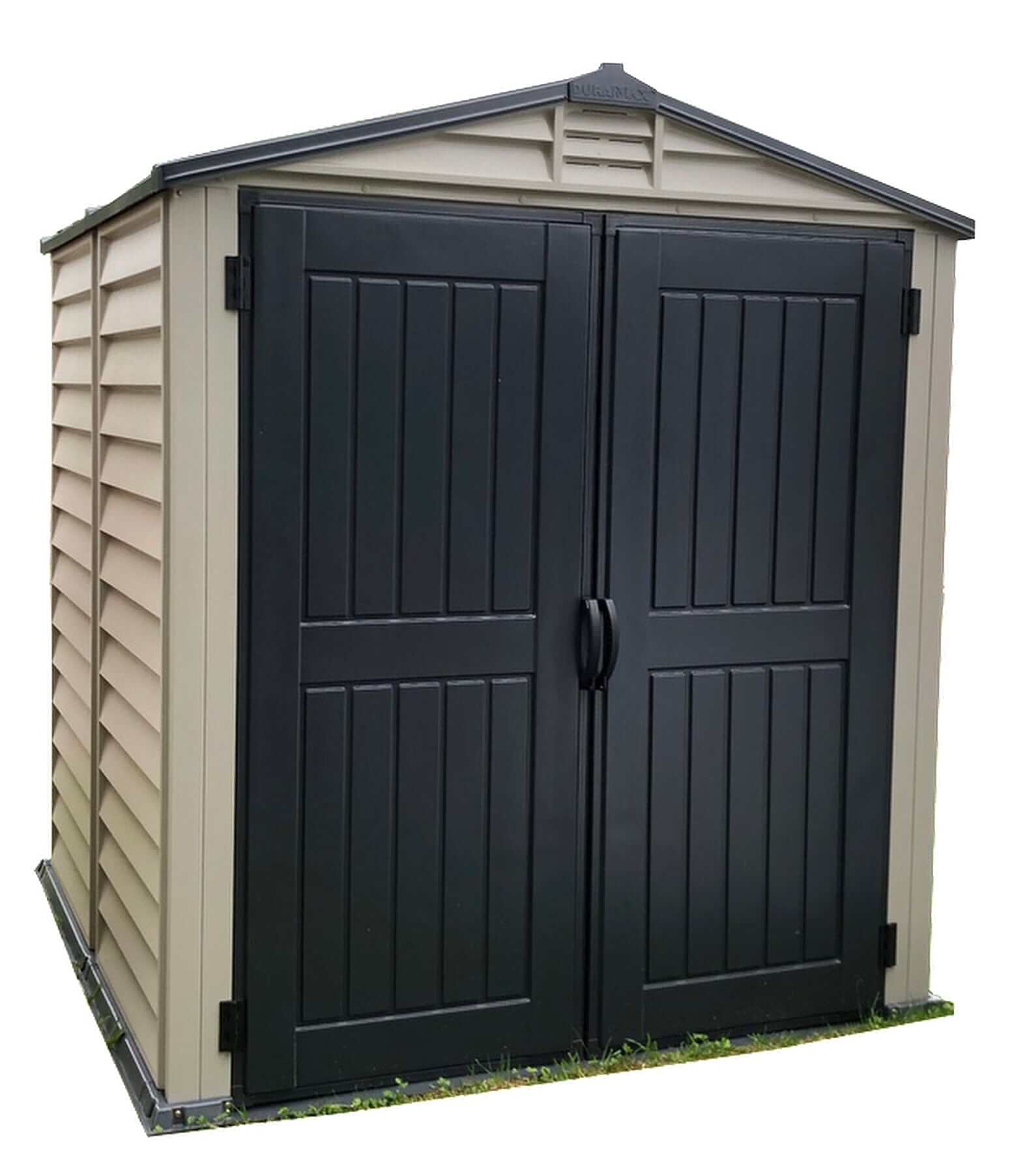 Duramax Vinyl Shed 6x6 StoreMate Plus featuring dual black doors and durable fire-retardant vinyl construction.