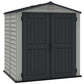 Duramax Vinyl Shed 6x6 StoreMate Plus with double doors and slanted roof, ideal for storage.