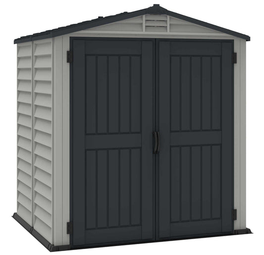Duramax Vinyl Shed 6x6 StoreMate Plus with double doors and slanted roof, ideal for storage. 