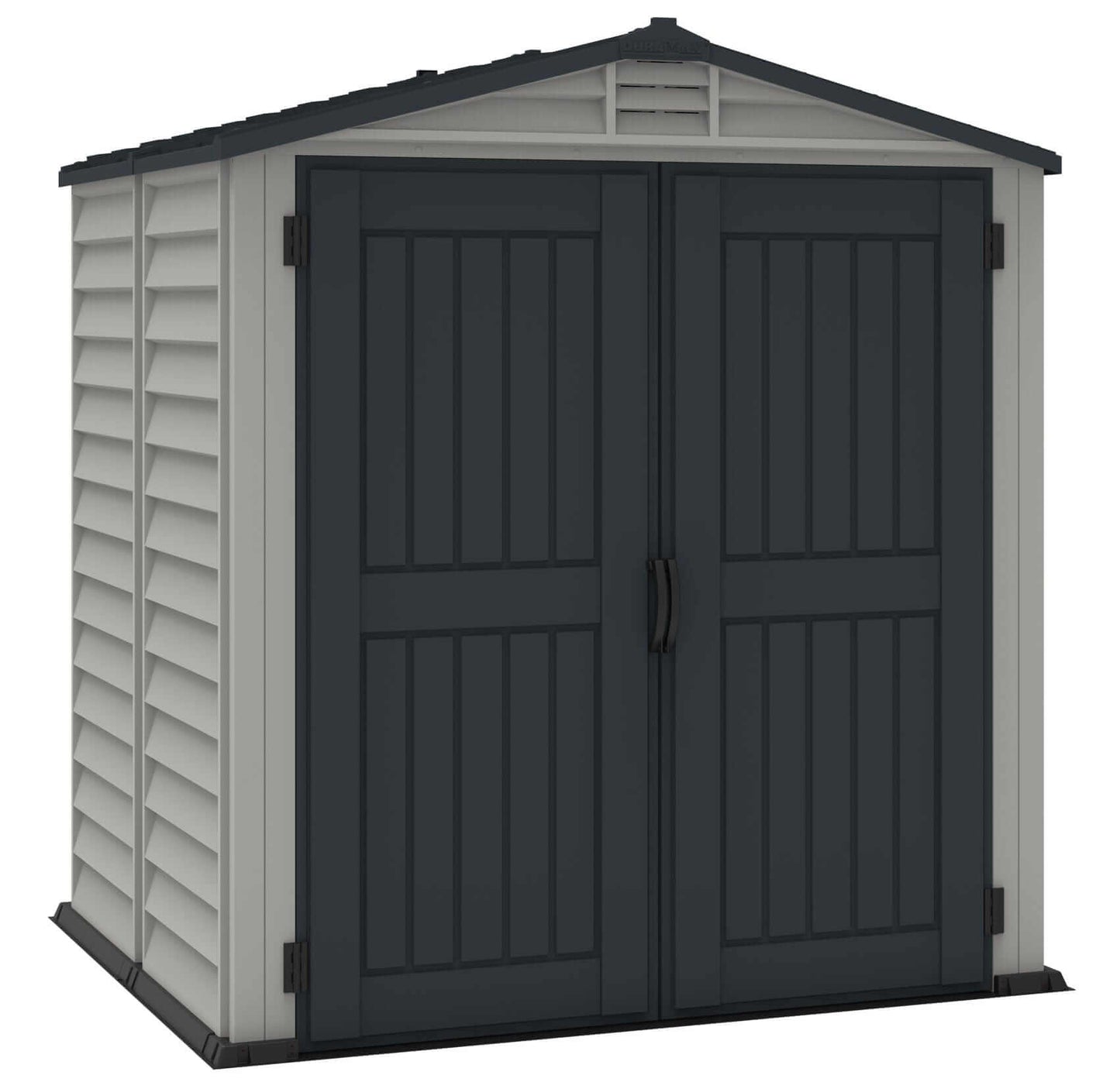 Duramax Vinyl Shed 6x6 StoreMate Plus with double doors and slanted roof, ideal for storage.