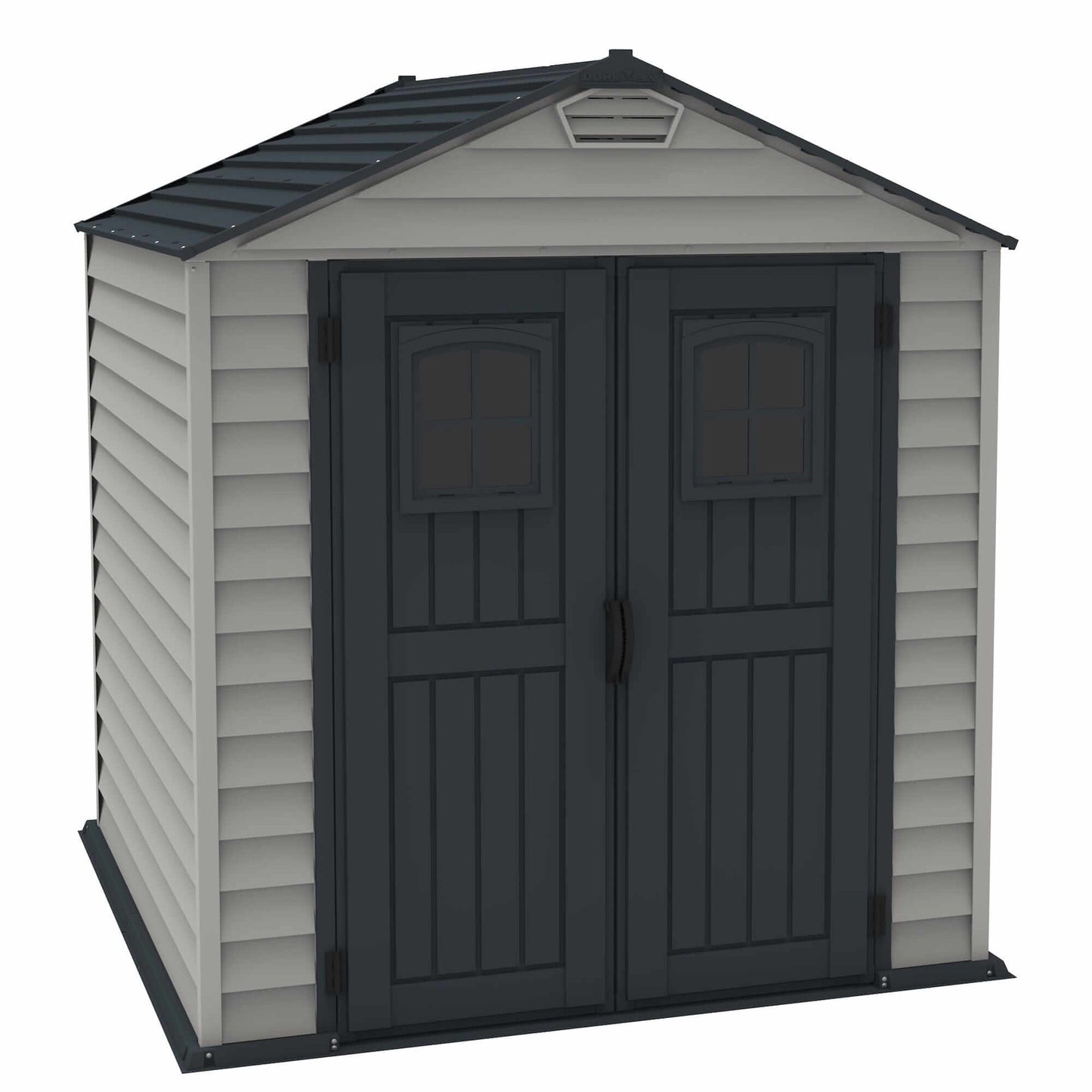 Duramax Vinyl Shed 7x7 StoreMax Plus with double doors and windows, ideal for backyard storage.