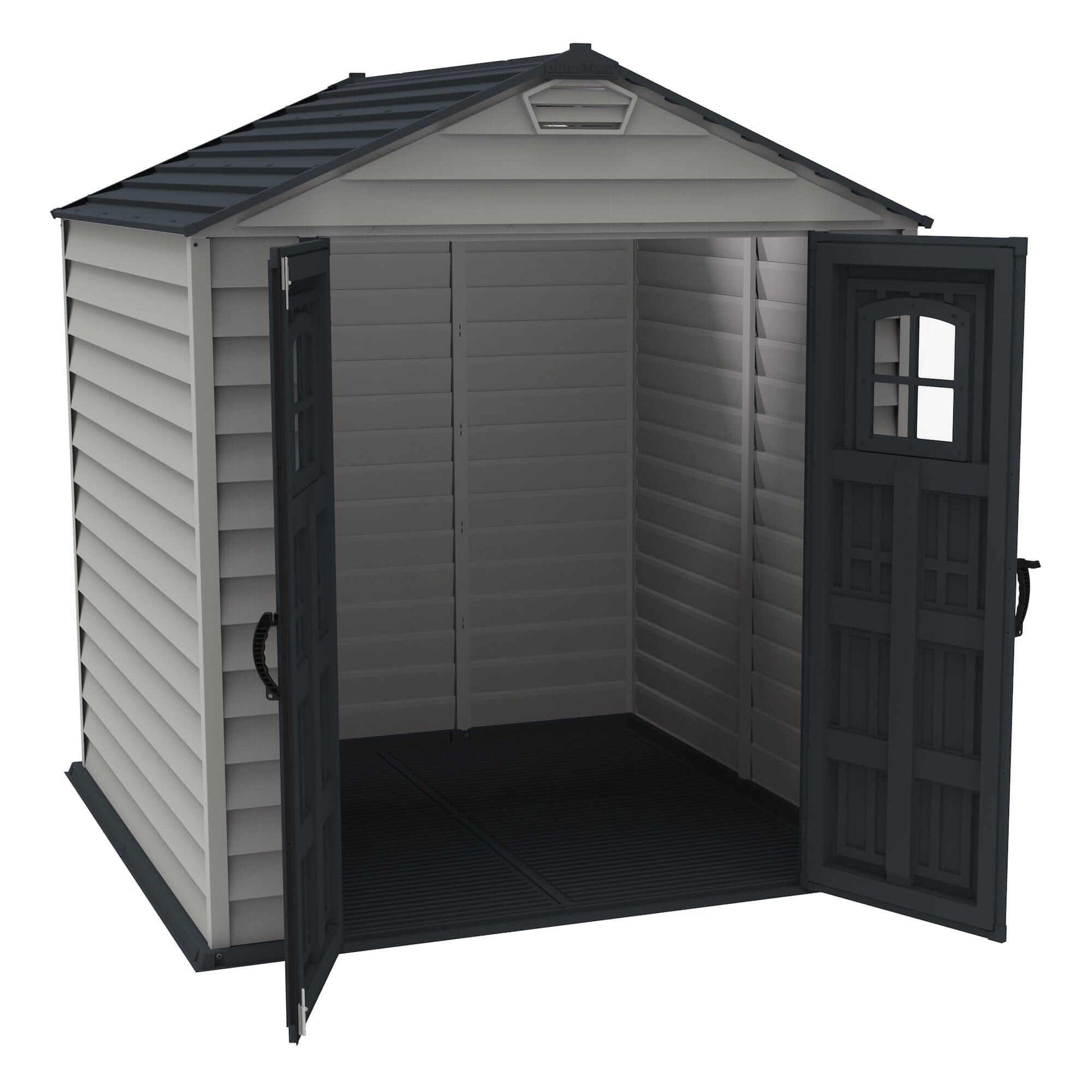 Duramax Vinyl Shed 7x7 StoreMax Plus with open doors showcasing the interior and floor.