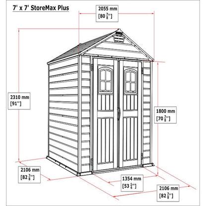 Dimensions diagram of Duramax 7' x 7' StoreMax Plus vinyl shed with detailed measurements.