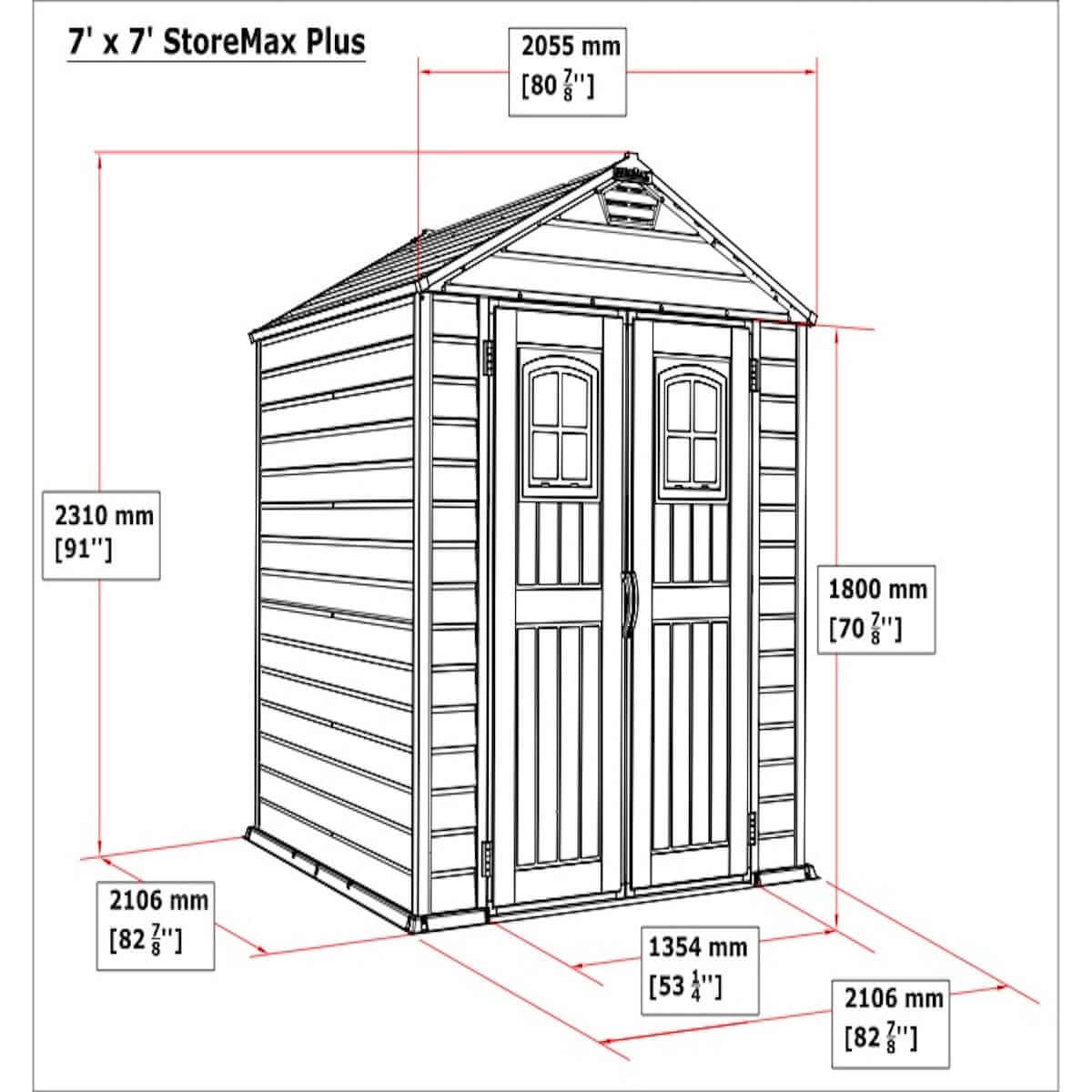 Dimensions diagram of Duramax 7' x 7' StoreMax Plus vinyl shed with detailed measurements.