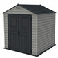 Duramax 7x7 StoreMax Plus vinyl shed with double doors and sloped roof, perfect for storage or garden use.