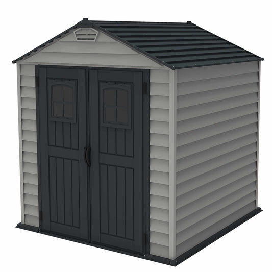 Duramax 7x7 StoreMax Plus vinyl shed with double doors and sloped roof, perfect for storage or garden use. 