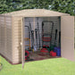 Duramax Vinyl Shed 8x6 DuraMate with tools inside, perfect for backyard storage solutions.