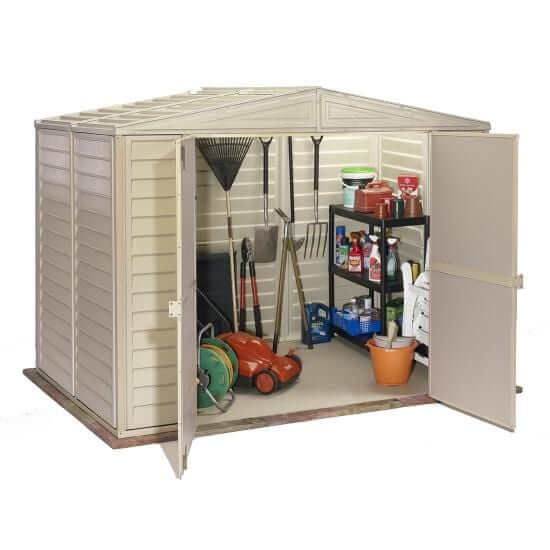 Duramax 8x6 DuraMate Vinyl Shed interior storage with tools and shelves.