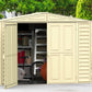 Duramax 8x6 DuraMate vinyl shed with foundation, featuring spacious storage and open doors in a landscaped backyard.