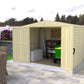 Duramax Vinyl Shed 8x6 DuraMate opened door view, showcasing storage space for backyard tools and equipment.