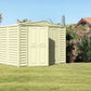 Duramax Vinyl Shed 8x6 DuraMate in a backyard setting with greenery around.