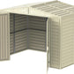 Duramax Vinyl Shed 8x6 DuraMate open doors showcasing spacious interior and robust design for backyard storage.