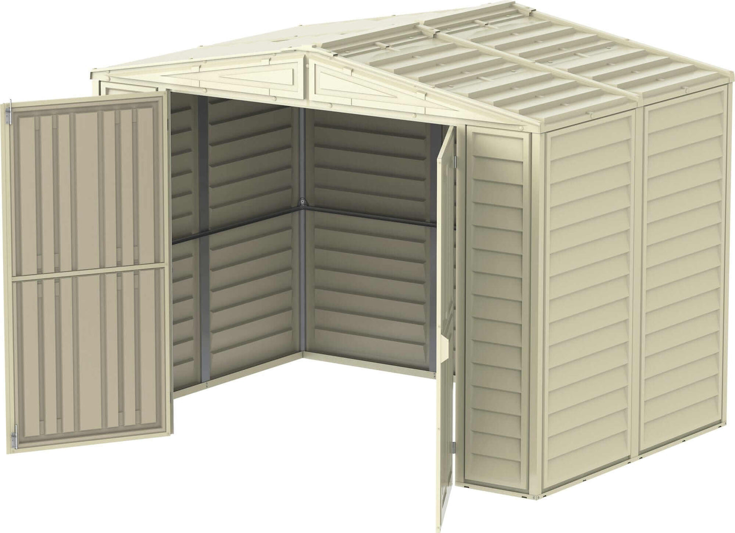 Duramax Vinyl Shed 8x6 DuraMate open doors showcasing spacious interior and robust design for backyard storage.