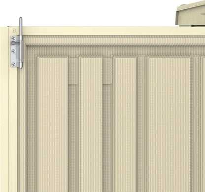 Close-up of Duramax Vinyl Shed door showing texture and locking mechanism for secure storage.