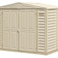 Duramax Vinyl Shed 8x6 DuraMate with Foundation, ideal for backyard storage and complies with community height restrictions.