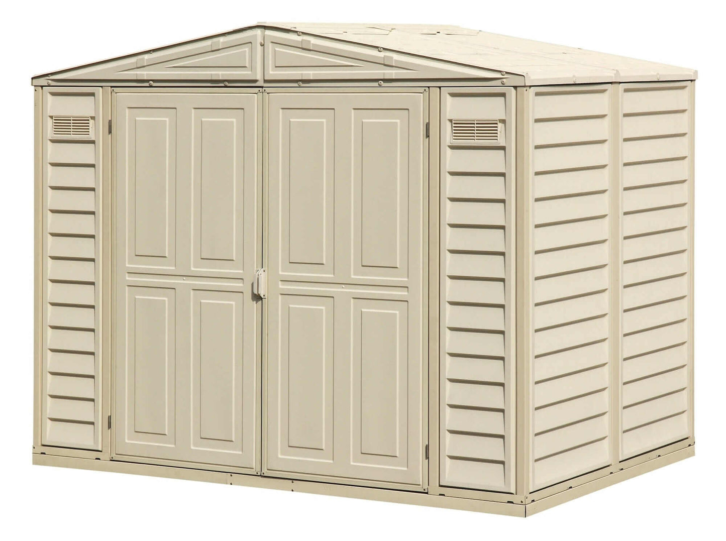 Duramax Vinyl Shed 8x6 DuraMate with Foundation, ideal for backyard storage and complies with community height restrictions.