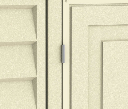 Close-up view of the Duramax Vinyl Shed 8x6 DuraMate door panel and hinge detail.