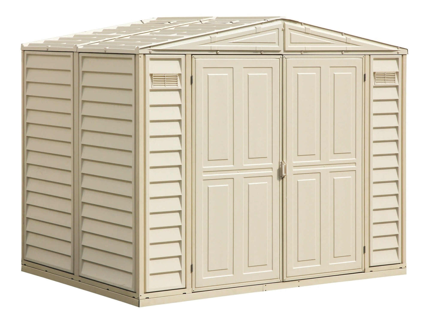 Duramax Vinyl Shed 8x6 DuraMate with Foundation, offering spacious backyard storage solutions.