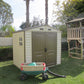 Duramax 8x6 vinyl shed in backyard with green doors, surrounded by greenery and play structure.