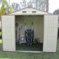 Duramax Vinyl Shed 8x6 StoreAll w/ Foundation 30115, featuring open doors and garden tools inside.