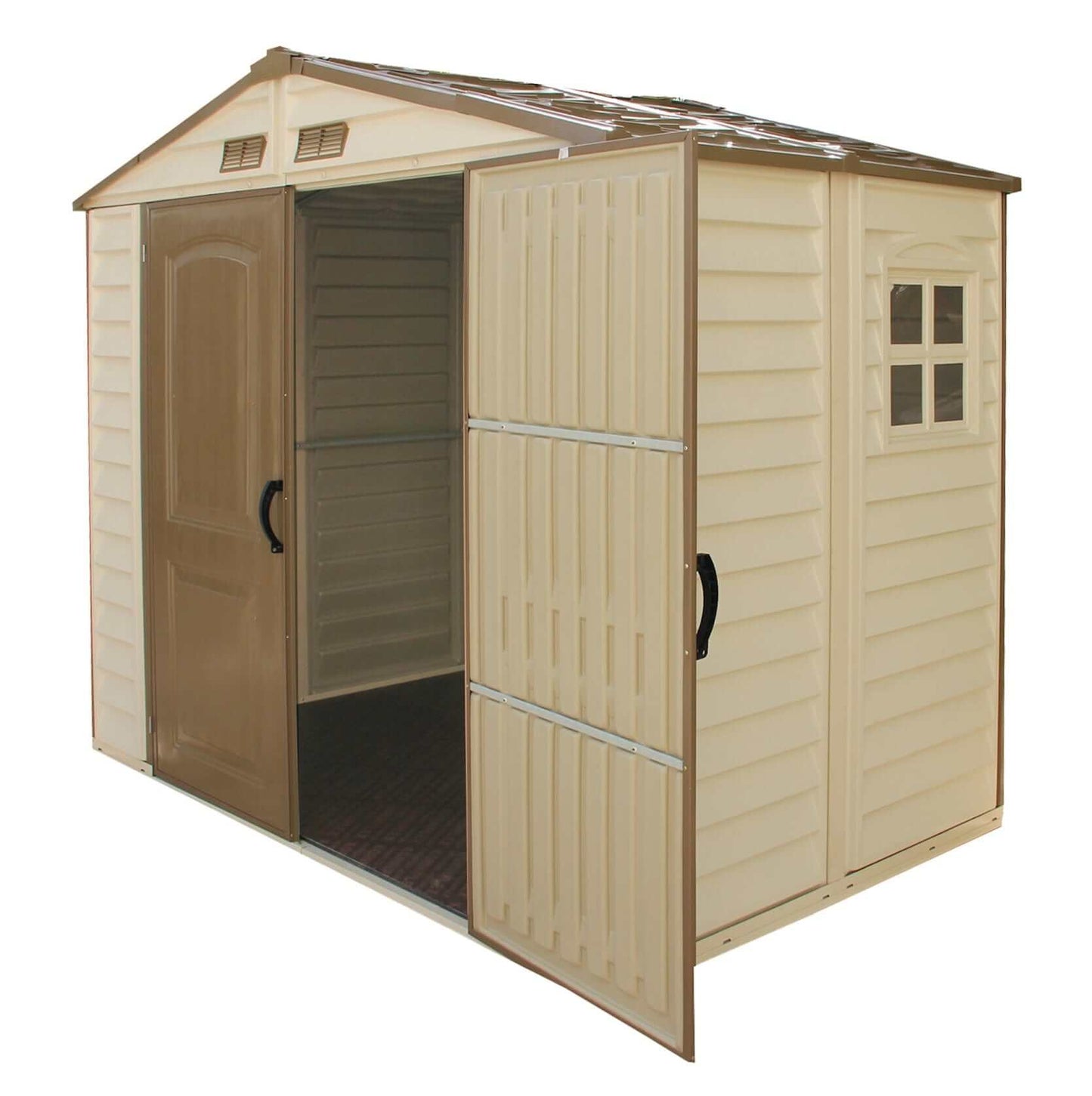 Duramax Vinyl Shed 8x6 StoreAll 30115 with open doors, showcasing stylish outdoor storage solution.