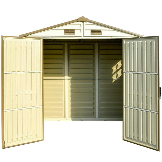 Open Duramax Vinyl Shed 8x6 StoreAll with foundation, showcasing spacious storage interior.