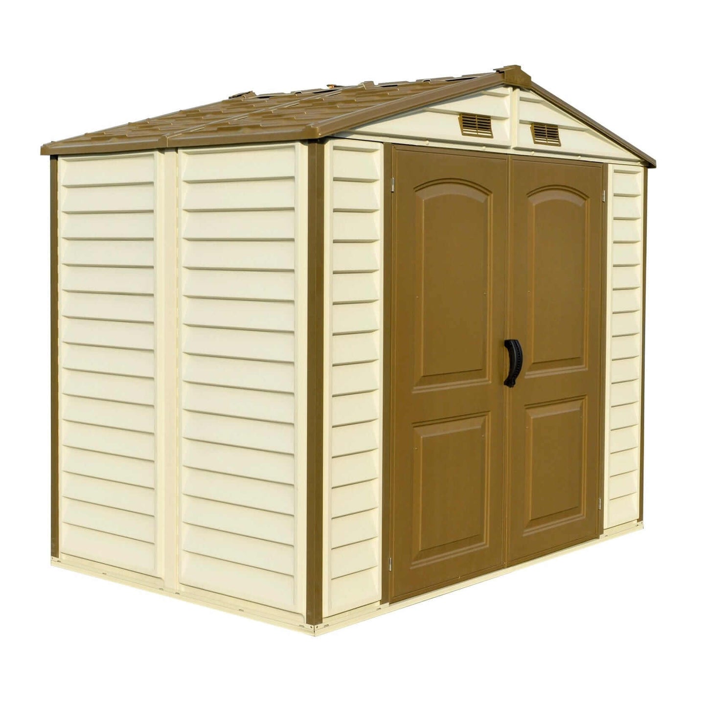 Duramax 8x6 StoreAll Vinyl Shed w/ Foundation 30115 in beige and brown design for outdoor storage.