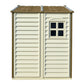 Duramax Vinyl Shed 8x6 StoreAll with window and tan roof, perfect for outdoor storage solutions.