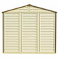 Duramax Vinyl Shed 8x6 StoreAll 30115 front view with stylish shutters and sloped roof design.