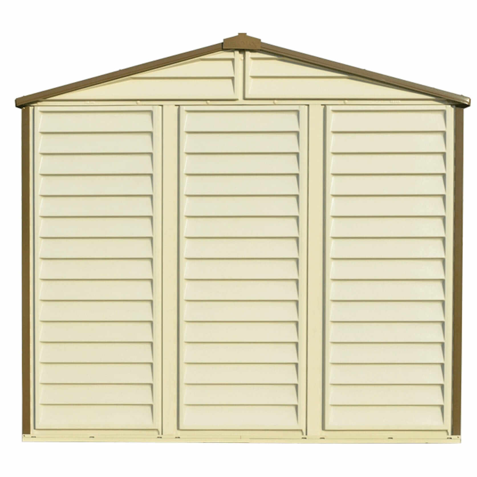 Duramax Vinyl Shed 8x6 StoreAll 30115 front view with stylish shutters and sloped roof design.