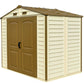 Duramax Vinyl Shed 8x6 StoreAll with foundation, featuring double doors and a stylish design for outdoor storage.