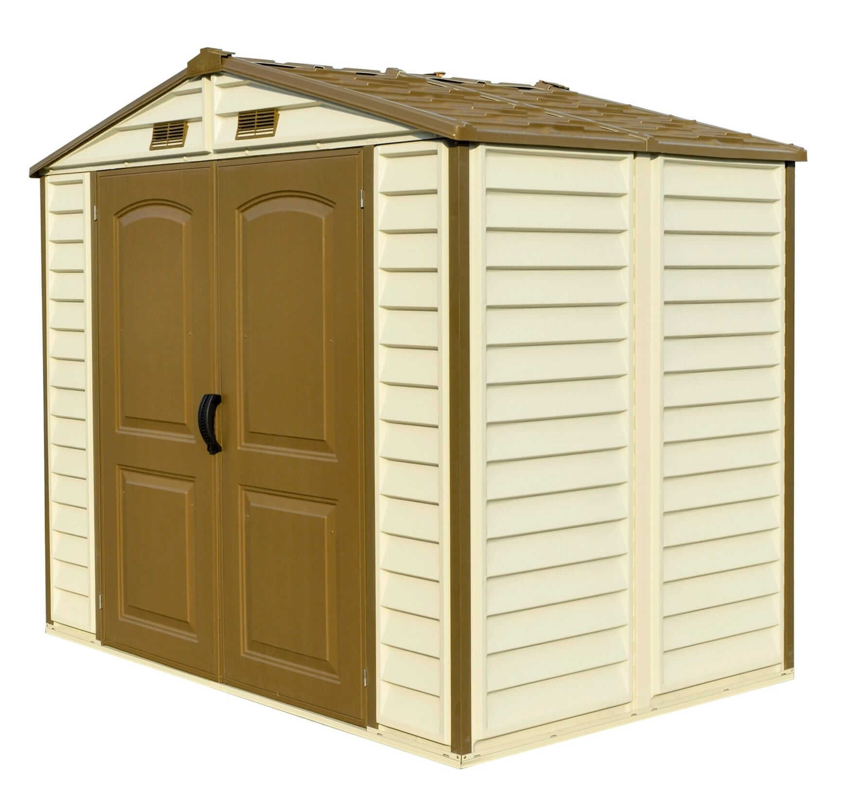 Duramax Vinyl Shed 8x6 StoreAll with foundation, featuring double doors and a stylish design for outdoor storage.