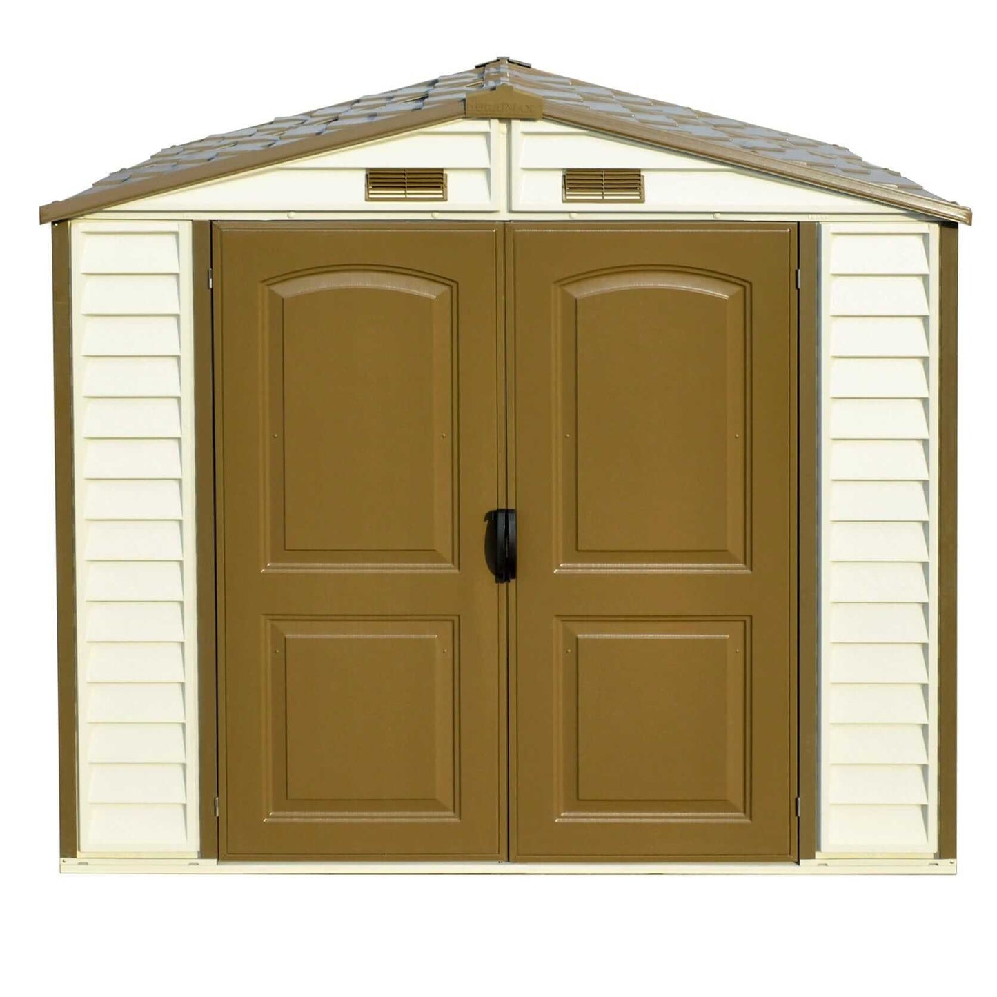 Duramax 8x6 StoreAll Vinyl Shed with Foundation, featuring double doors and a peaked roof design.